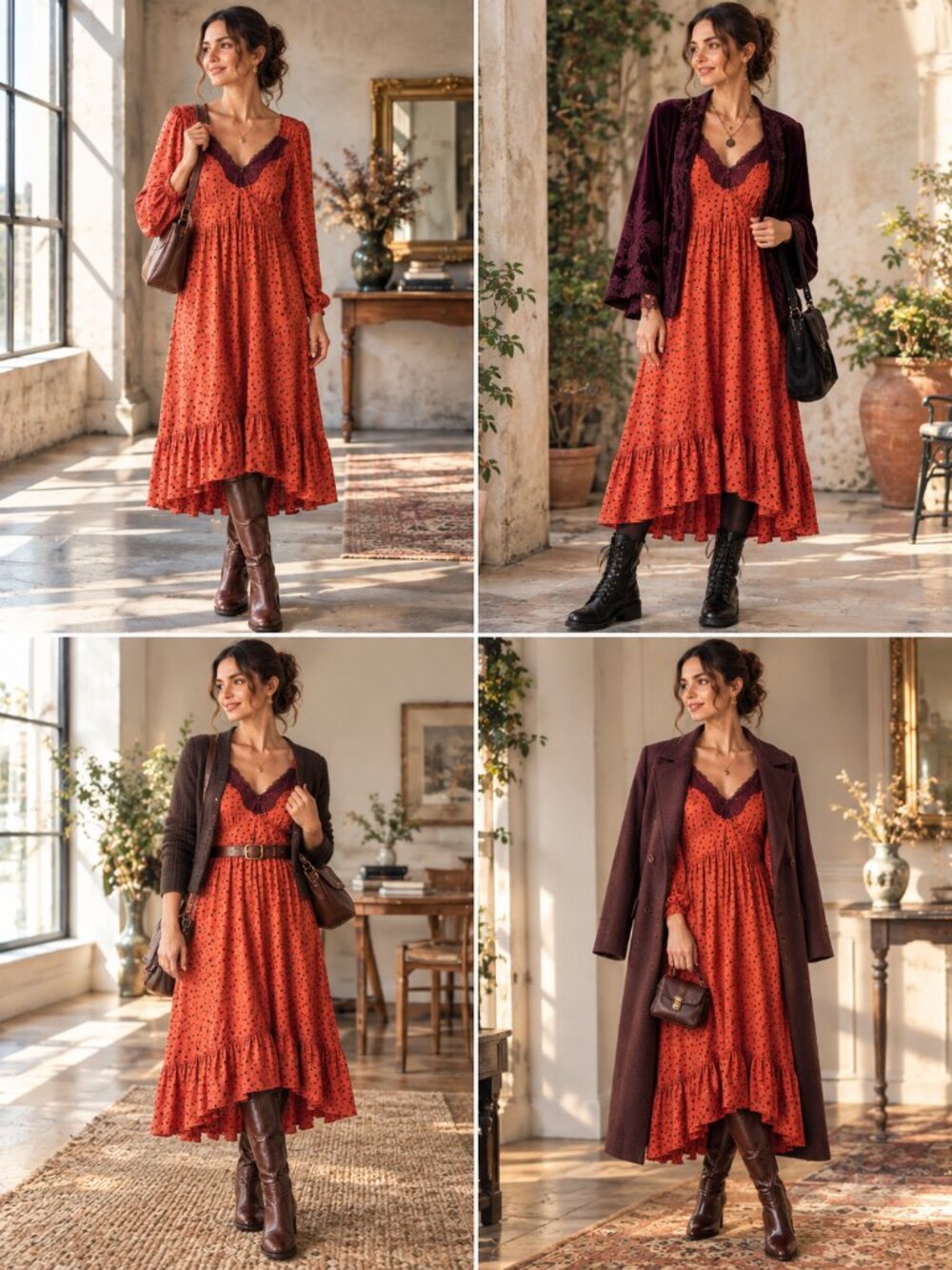 Odd Molly Heart Print Lace Trim Boho Midi Dress Rust Orange Plum 4